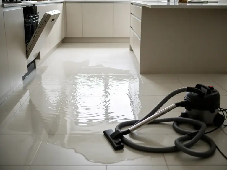 Kitchen floor with spreading water and a wet vacuum on the tiles