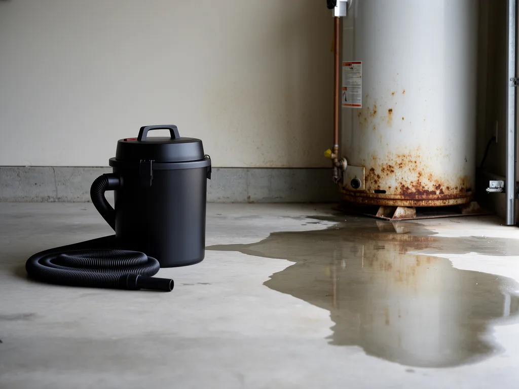 Wet vacuum and hose beside a leaking water heater in a garage