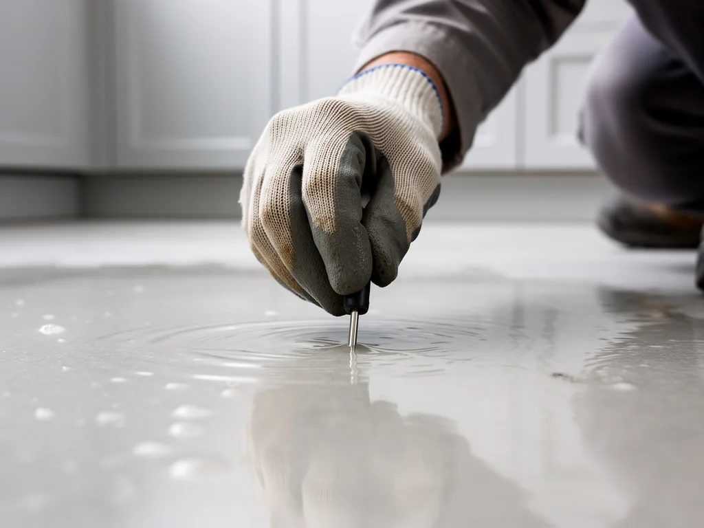 Gloved hand holding a moisture meter probe to a kitchen floor covered by a thin sheet of standing water