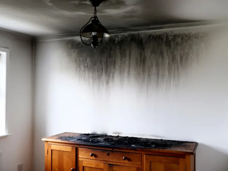 Dining room wall and ceiling streaked with soot above a scorched sideboard
