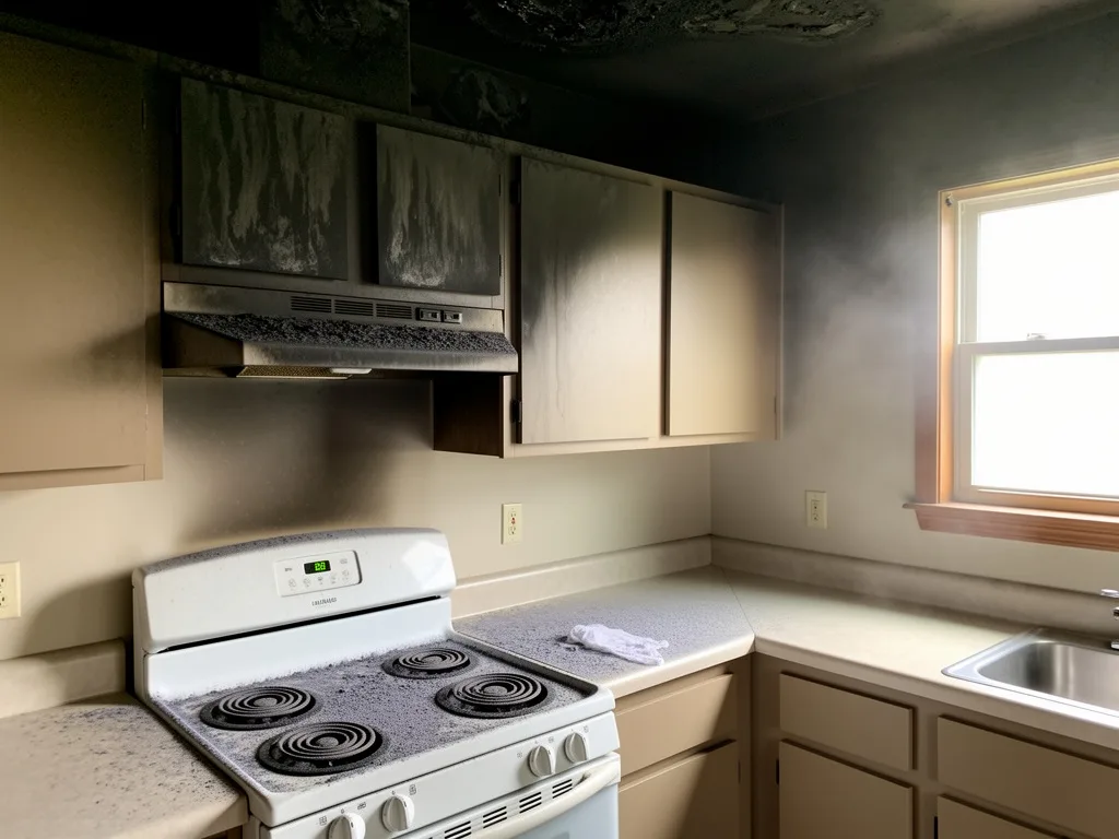 Soot-darkened kitchen cabinets and ceiling above a stove