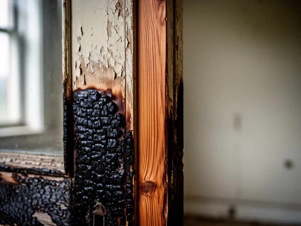 Close-up of a charred door frame beside a wiped clean strip