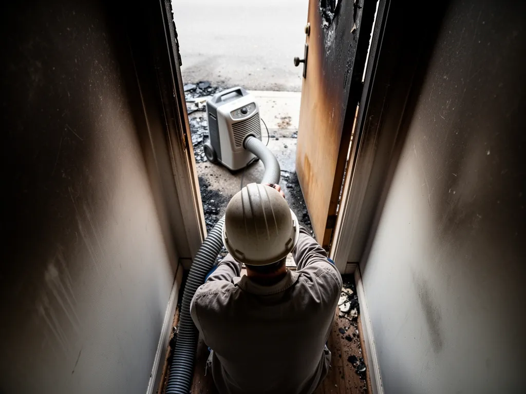 Worker seen from behind setting up a dehumidifier duct near a hallway with soot-streaked walls and a scorched door frame
