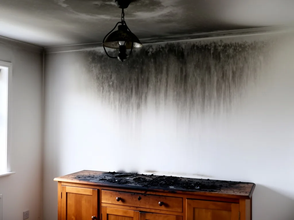 Dining room wall and ceiling streaked with soot above a scorched sideboard
