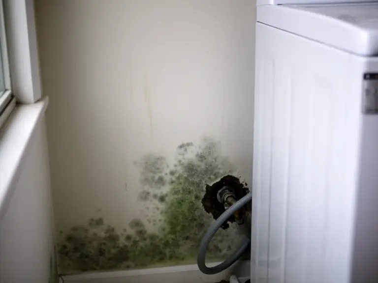 Laundry room wall with mold growth around a damp stain