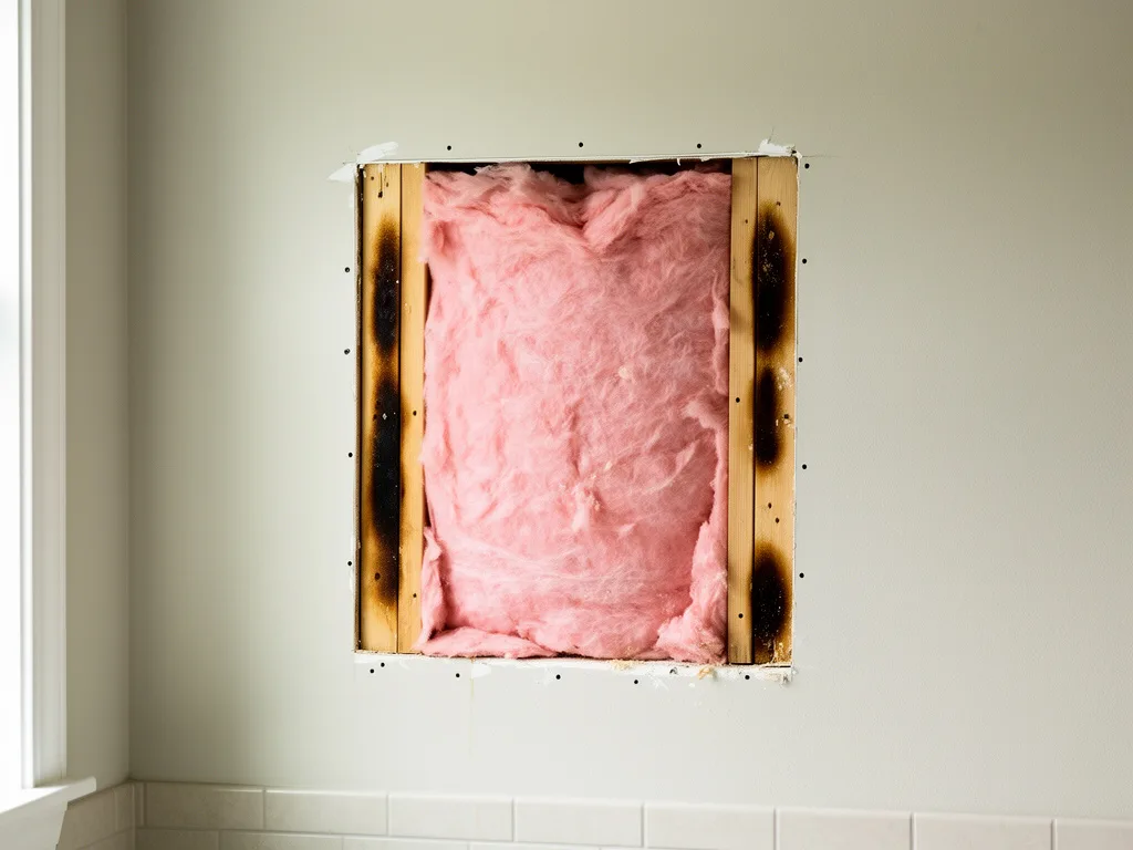 Opened bathroom wall showing damp insulation and stained studs