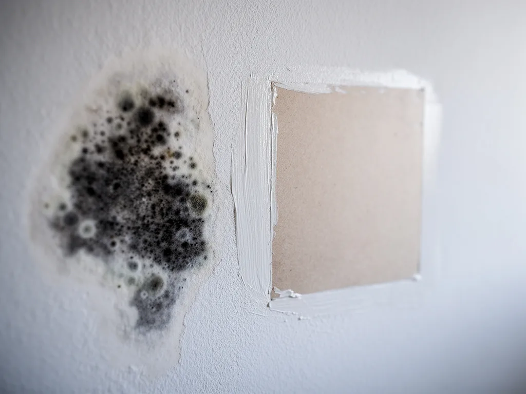 Close-up of mold speckling on drywall beside a wiped bare patch