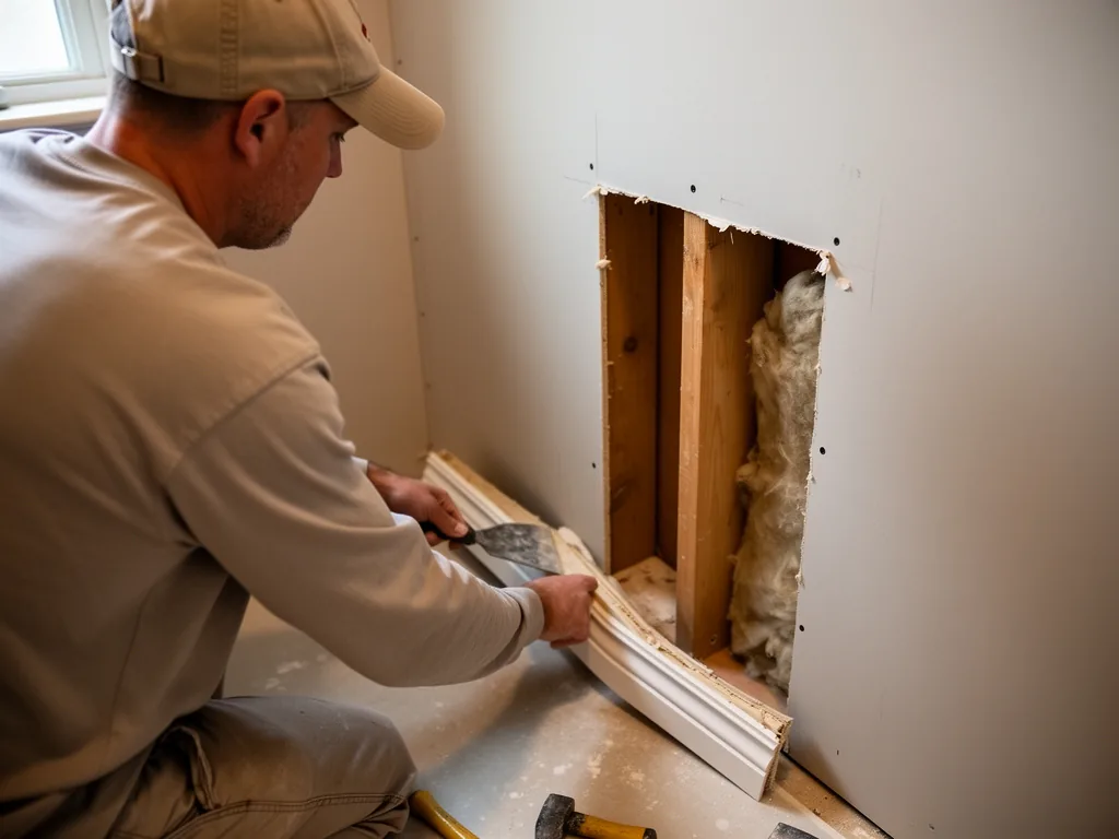 Worker seen from behind lifting damp baseboard in a bathroom wall with a square of drywall cut away to show the studs
