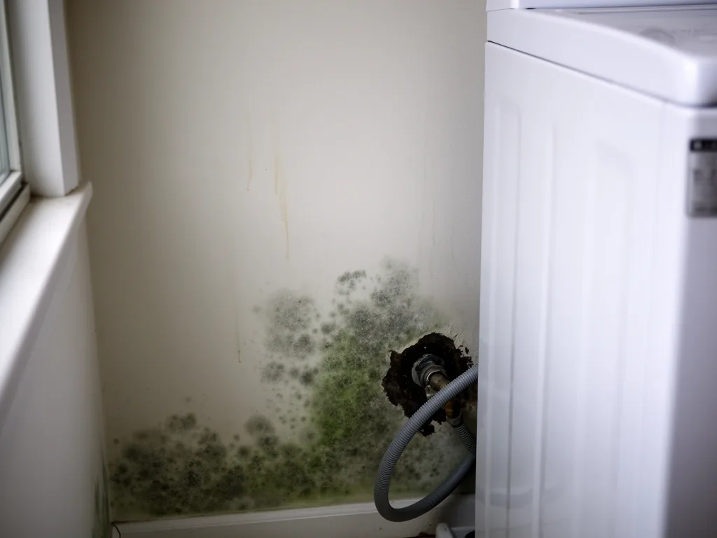 Laundry room wall with mold growth around a damp stain