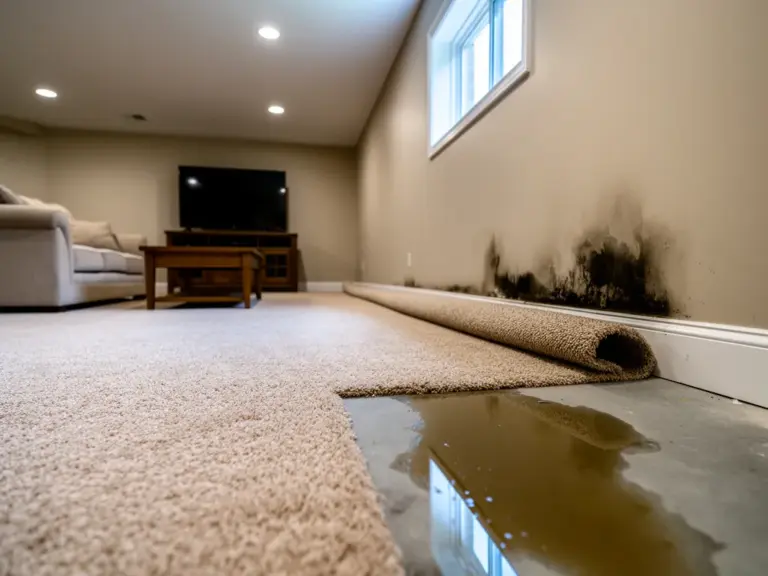 Basement room with carpet pulled back from a wet, stained wall