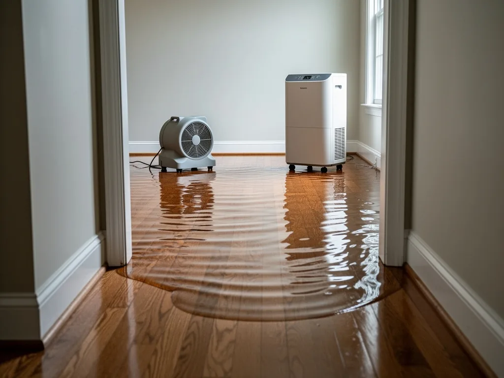Hallway and living room with water across the floor and drying equipment set up