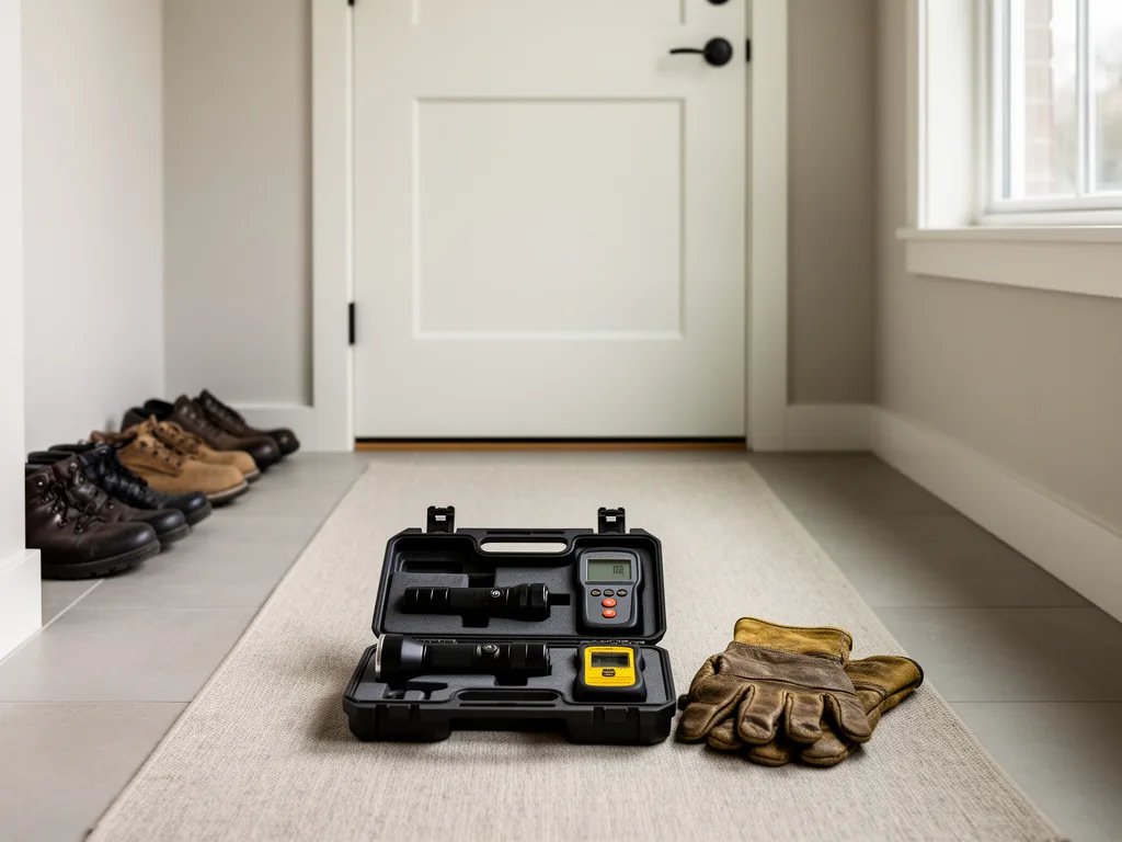 Open tool case with a flashlight, moisture meter and gloves on an entry hall runner
