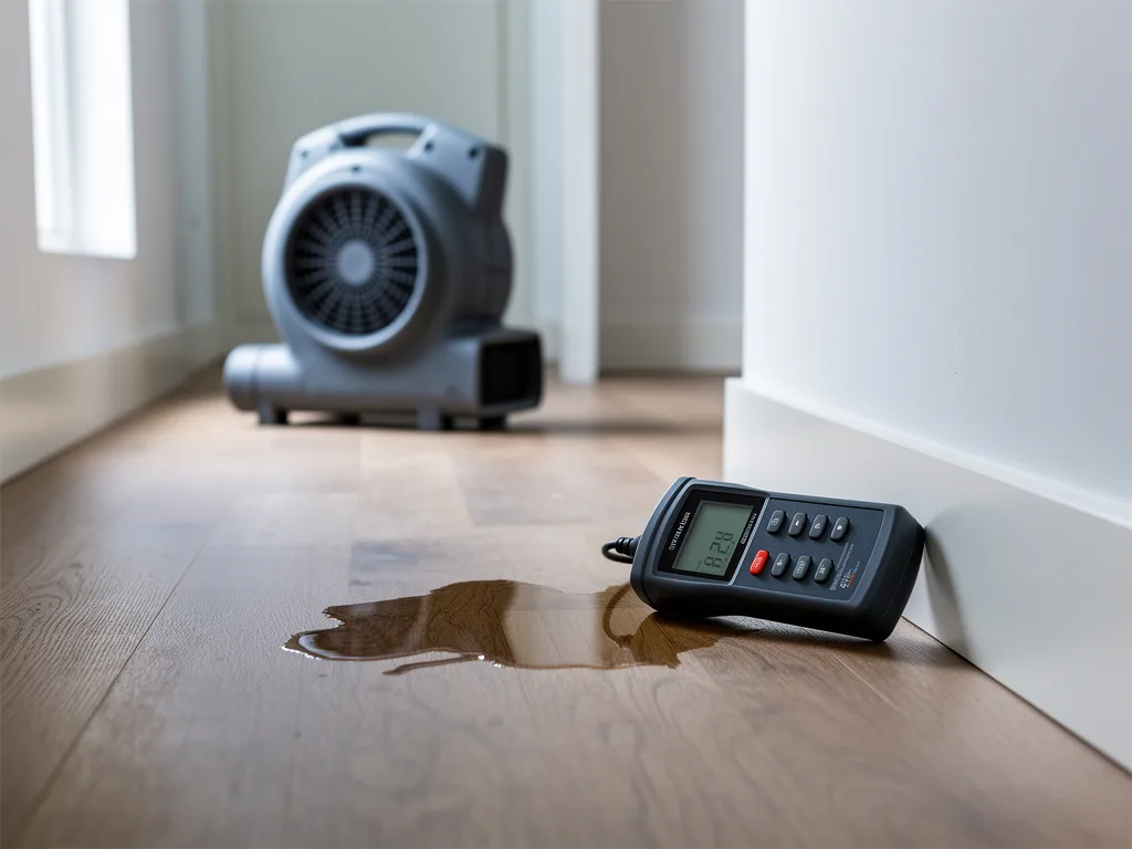 Moisture meter on a baseboard beside a wet patch while an air mover runs
