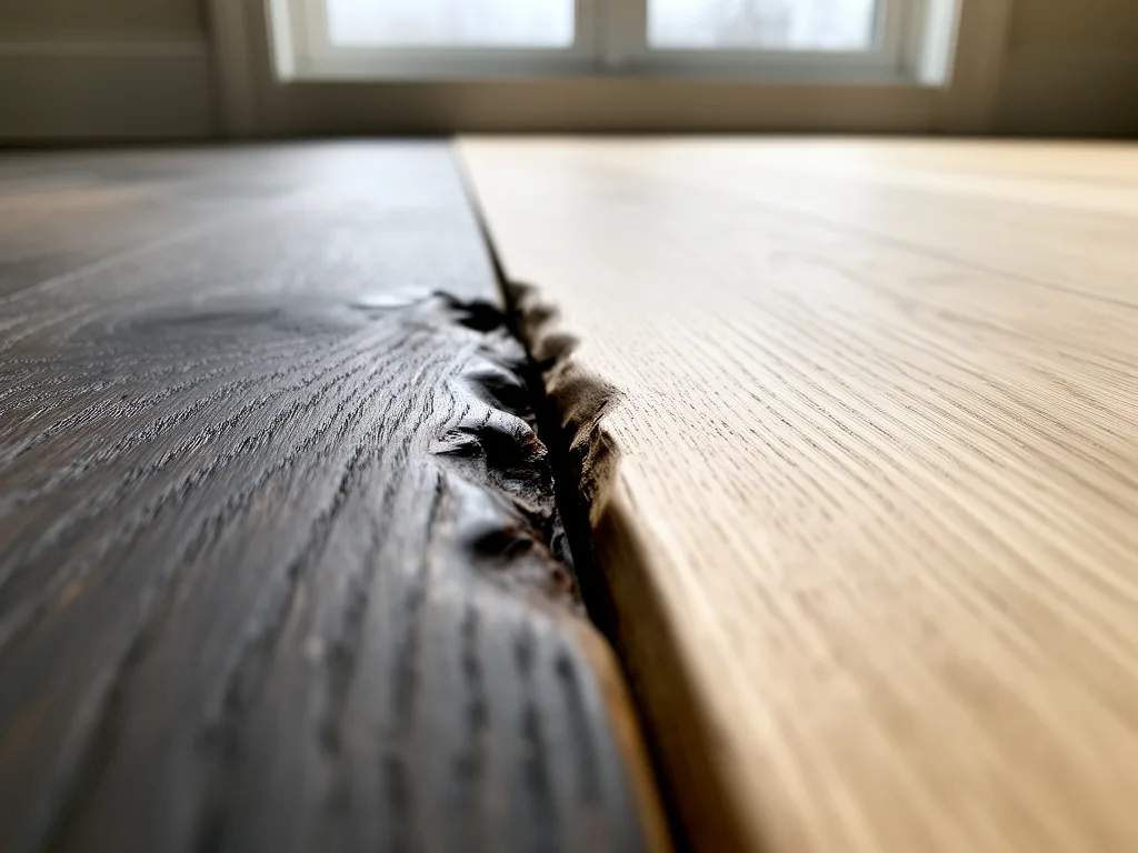 Close-up of an oak floorboard swollen and darkened on one side
