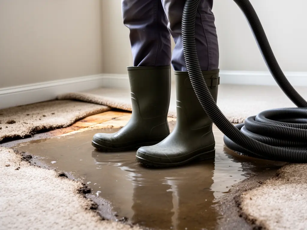 Boots and a wet-vacuum hose beside a finished basement room with wet carpet pulled back from the wall